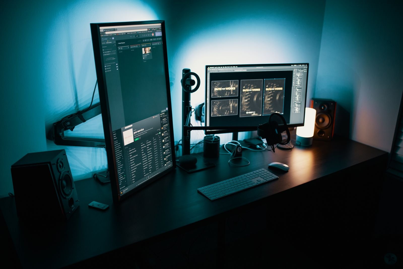 Dimly lit developer workstation with code on screen